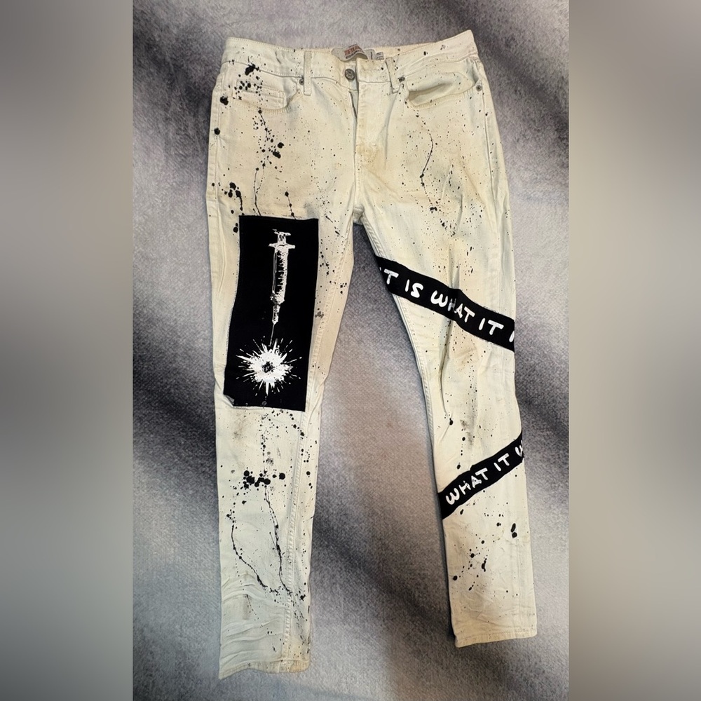 Topman Cream Black Aged Dirty‎ Artwork Skinny Jeans 30 x 30 (A1)